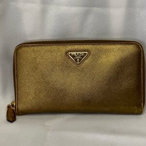 Prada metallic gold long zip around wallet with COA